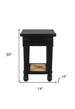 20" Black And Natural Solid Wood And Cane Square End Table With Shelf