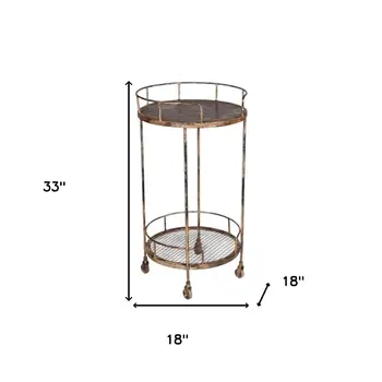 18" Brown Iron Distressed Round Rolling Bar Cart