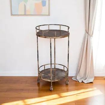 18" Brown Iron Distressed Round Rolling Bar Cart