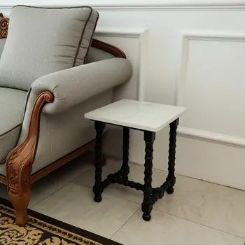24" White and Black Marble and Solid Wood Square Trestle End Table