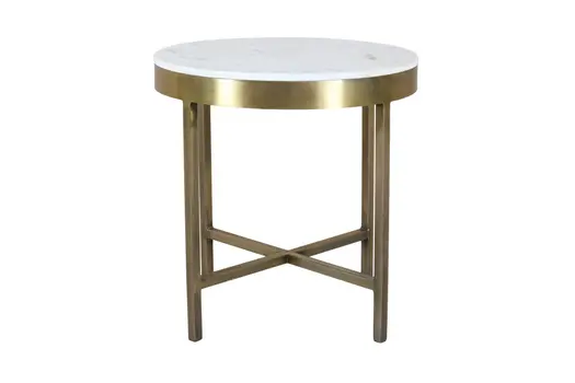 20" Ivory and Brass Marble and Iron Round Cross Legs End Table