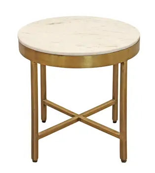 20" Ivory and Brass Marble and Iron Round Cross Legs End Table