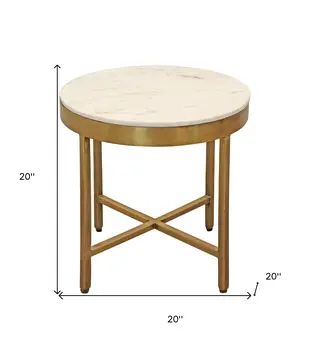 20" Ivory and Brass Marble and Iron Round Cross Legs End Table