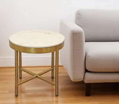 20" Ivory and Brass Marble and Iron Round Cross Legs End Table
