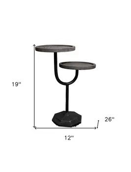 19" Natural and Black Solid Wood and Iron Round Double Tray Top End Table