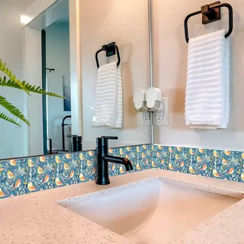 7" x 7" Blue And Yellow Vinyl Arabesque Peel And Stick Removable Tiles