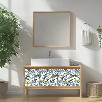 6" x 6" Blue And Yellow Vinyl Arabesque Peel And Stick Removable Tiles