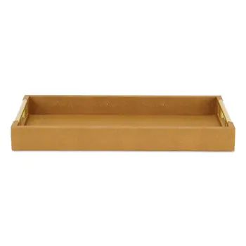 16" Camel Brown Wood Faux Shagreen Serving Tray With Handles