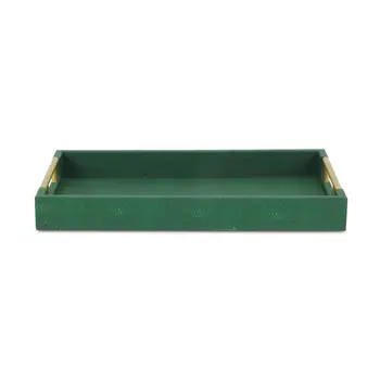 16" Green Wood Wood Faux Shagreen Serving Tray With Handles