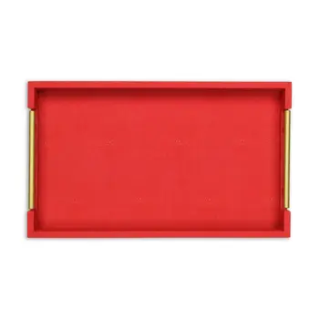 16" Red Wood and Vinyl Faux Shagreen Handmade Serving Tray With Handles