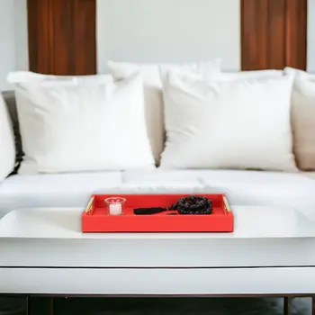 16" Red Wood and Vinyl Faux Shagreen Handmade Serving Tray With Handles