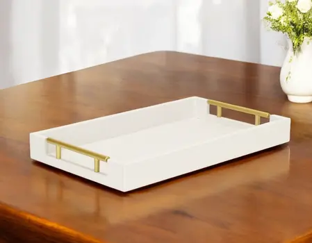16" Wood Faux Shagreen Serving Tray With Handles