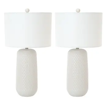 Set of Two 30" White Textured Ceramic Table Lamps With White Drum Shades