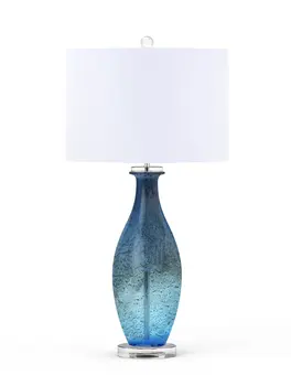 Set of Two 30" Blue Crystal And Glass Table Lamps With White Drum Shades