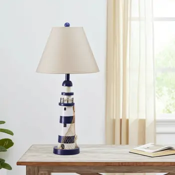 Set of Two 30" Blue And White Lighthouse USB Table Lamps With Cream Cone Shade