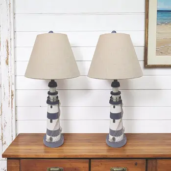 Set of Two 30" Blue And White Lighthouse USB Table Lamps With Cream Cone Shade