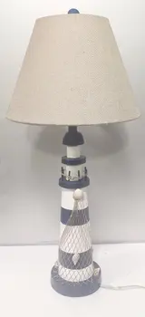 Set of Two 30" Blue And White Lighthouse USB Table Lamps With Cream Cone Shade