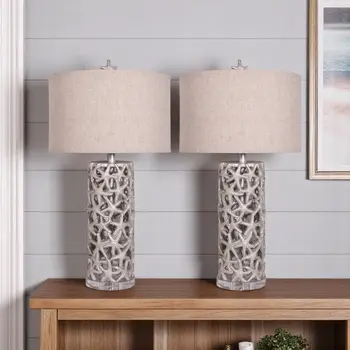 Set of Two 30" Silver Coastal Starfish Table Lamps With Beige Drum Shades