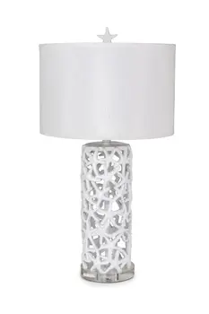 Set of Two 30" White Coastal Starfish Table Lamps With White Drum Shades