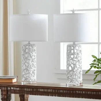 Set of Two 30" White Coastal Starfish Table Lamps With White Drum Shades