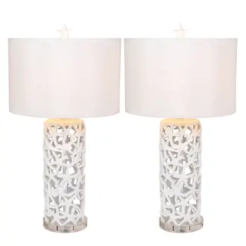 Set of Two 30" White Coastal Starfish Table Lamps With White Drum Shades