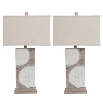 Set of Two 28" Brown And White Coastal Sand Dollar USB Table Lamp With Tan Shade