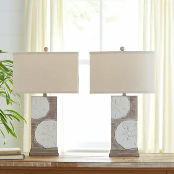 Set of Two 28" Brown And White Coastal Sand Dollar USB Table Lamp With Tan Shade