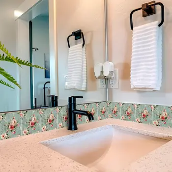 5" x 5" Red And Green Vinyl Arabesque Peel And Stick Removable Tiles