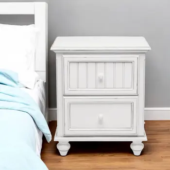 28" White Solid Wood Distressed Two Drawer Nightstand With USB Port