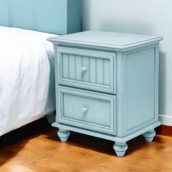 28" Blue Solid Wood Distressed Two Drawer Nightstand With USB Port