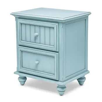 28" Blue Solid Wood Distressed Two Drawer Nightstand With USB Port