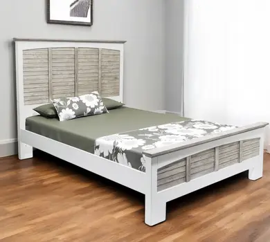 Gray Carved Geometric Distressed Solid Wood Queen Bed Frame