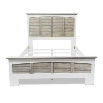 Gray Carved Geometric Distressed Solid Wood Queen Bed Frame