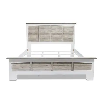 Gray Carved Geometric Distressed Solid Wood King Bed Frame