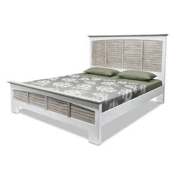 Gray Carved Geometric Distressed Solid Wood King Bed Frame