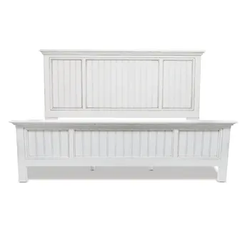 White Carved Geometric Distressed Solid Wood Queen Bed Frame