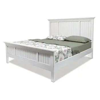 White Carved Geometric Distressed Solid Wood Queen Bed Frame