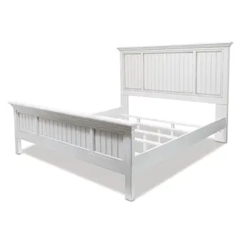 White Carved Geometric Distressed Solid Wood King Bed Frame