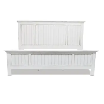 White Carved Geometric Distressed Solid Wood King Bed Frame