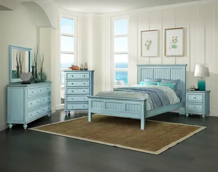 Aqua Blue Ribbed Texture Distressed Solid Wood Queen Bed Frame