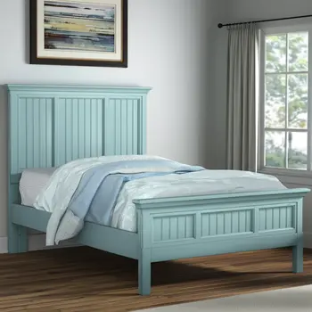 Aqua Blue Ribbed Texture Distressed Solid Wood Queen Bed Frame