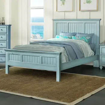 Blue Carved Geometric Distressed Solid Wood King Bed Frame