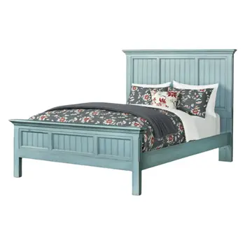 Blue Carved Geometric Distressed Solid Wood King Bed Frame