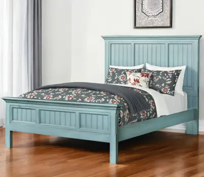 Blue Carved Geometric Distressed Solid Wood King Bed Frame