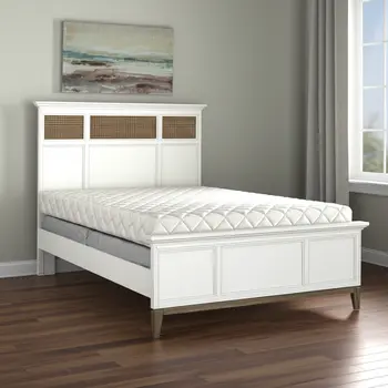 White and Brown Inlaid Panels Solid Wood Queen Bed Frame