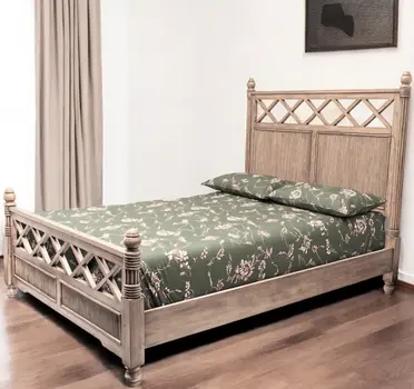 Natural Carved Geometric Solid Wood Queen Bed Frame