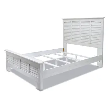 White Plantation Shutter Distressed Solid Wood Queen Bed Frame