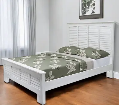 White Plantation Shutter Distressed Solid Wood Queen Bed Frame