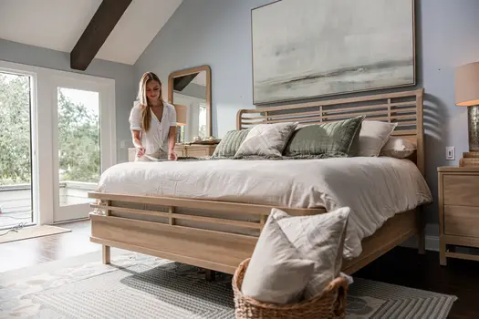 Brown Carved Geometric Solid Wood Queen Bed Frame
