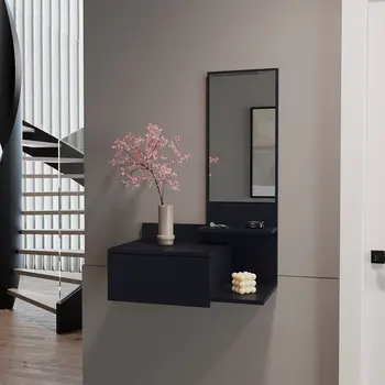 36" Black Wood Wall Mounted Accent Cabinet With Drawer And Mirror